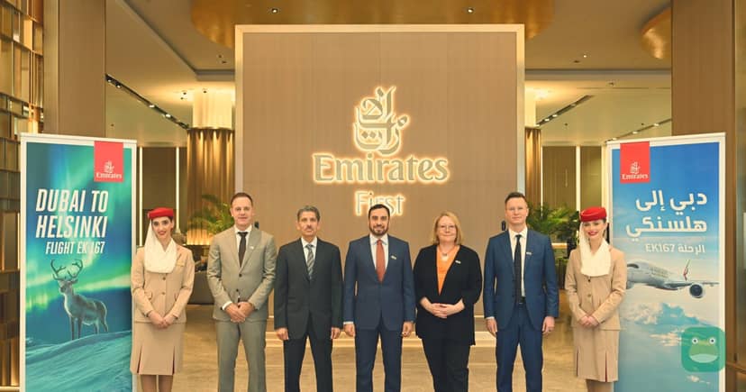 Emirates and Finnish officials mark the first Dubai–Helsinki departure in Dubai.