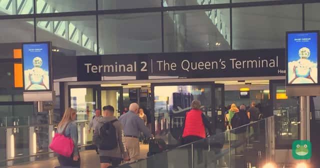 The departure hall entrance at Heathrow Terminal 2 (2015, representative photo). Photo: Smuconlaw, CC BY-SA 4.0, via Wikimedia Commons.