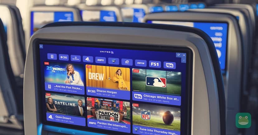 United's live TV menu from DISH on a Starlink-equipped seatback screen, with TBS now in the lineup