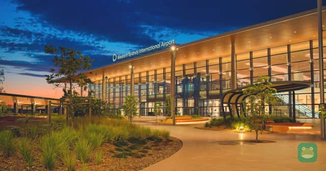The terminal entry at Western Sydney International, where The Rayleigh Lounge will open on the mezzanine level in November 2026.