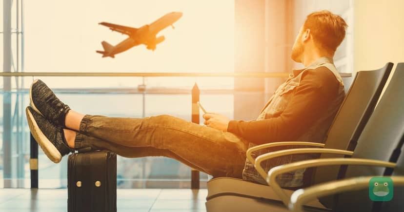 A passenger waits at a gate with luggage, watching an aircraft outside