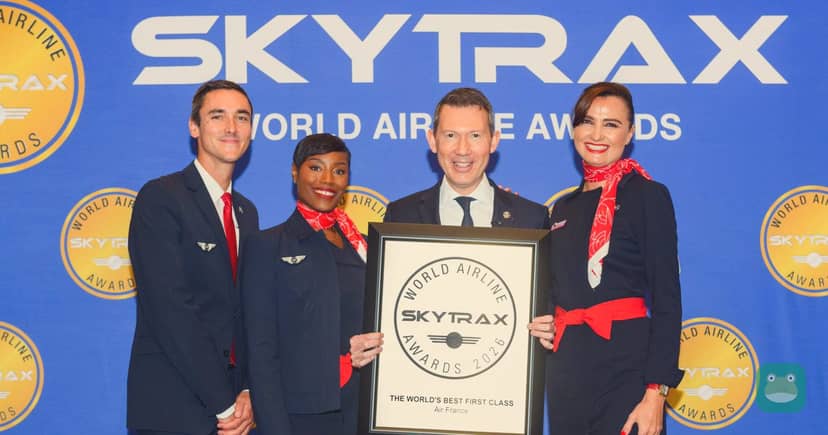 Air France staff in the current Christian Lacroix-designed uniform at the 2026 Skytrax World Airline Awards. The design is staying; Armor-Lux will make it.
