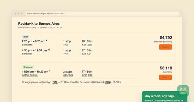 Airport codes on a flight search page become links to Lounge Frog lounge guides.