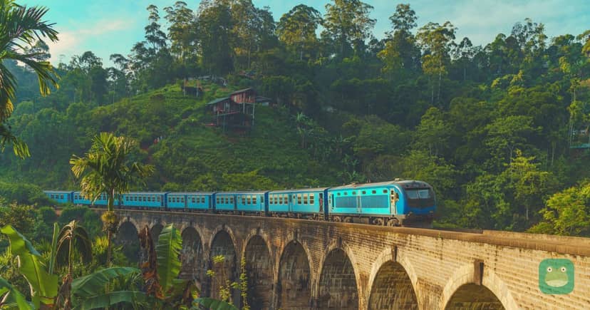 A train crossing the Nine Arch Bridge in Ella, Sri Lanka
