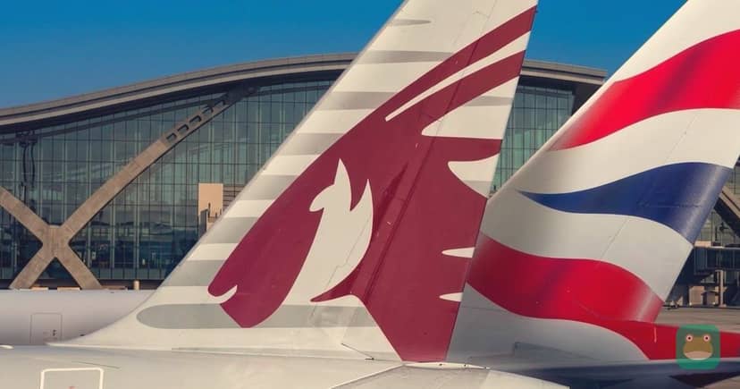 Qatar Airways and British Airways tails at Hamad International Airport, shared by Qatar Airways to welcome BA back to Doha.
