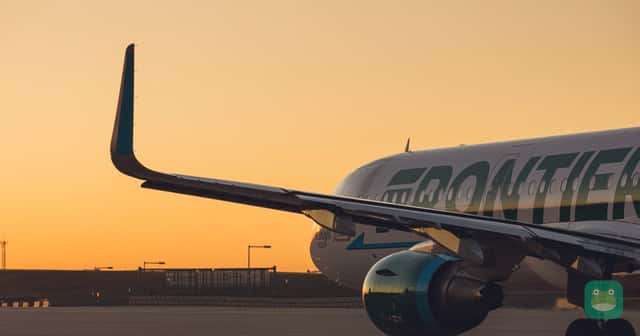 A Frontier Airlines Airbus jet at sunset (representative photo from Frontier's newsroom).