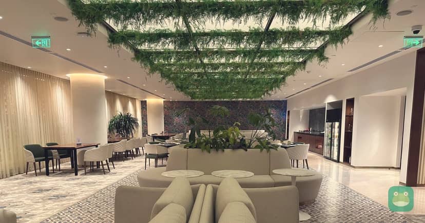 080 Arrival Lounge, BLR Terminal 2 — couches under hanging plants