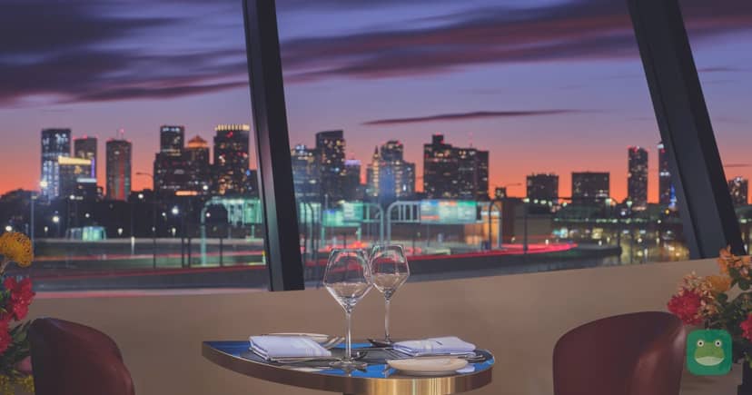 Delta One Lounge, BOS Terminal E — dining room at sunset