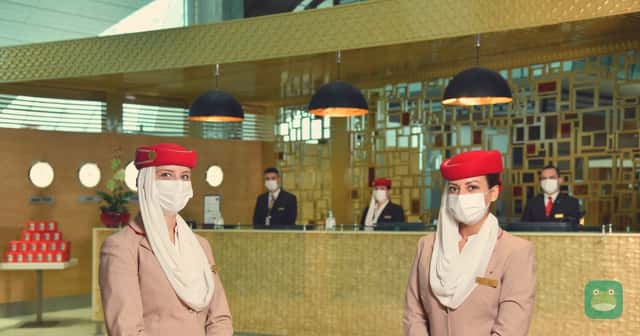 Emirates First Class Lounge, DXB Terminal 3 Concourse B — lounge staff at reopening